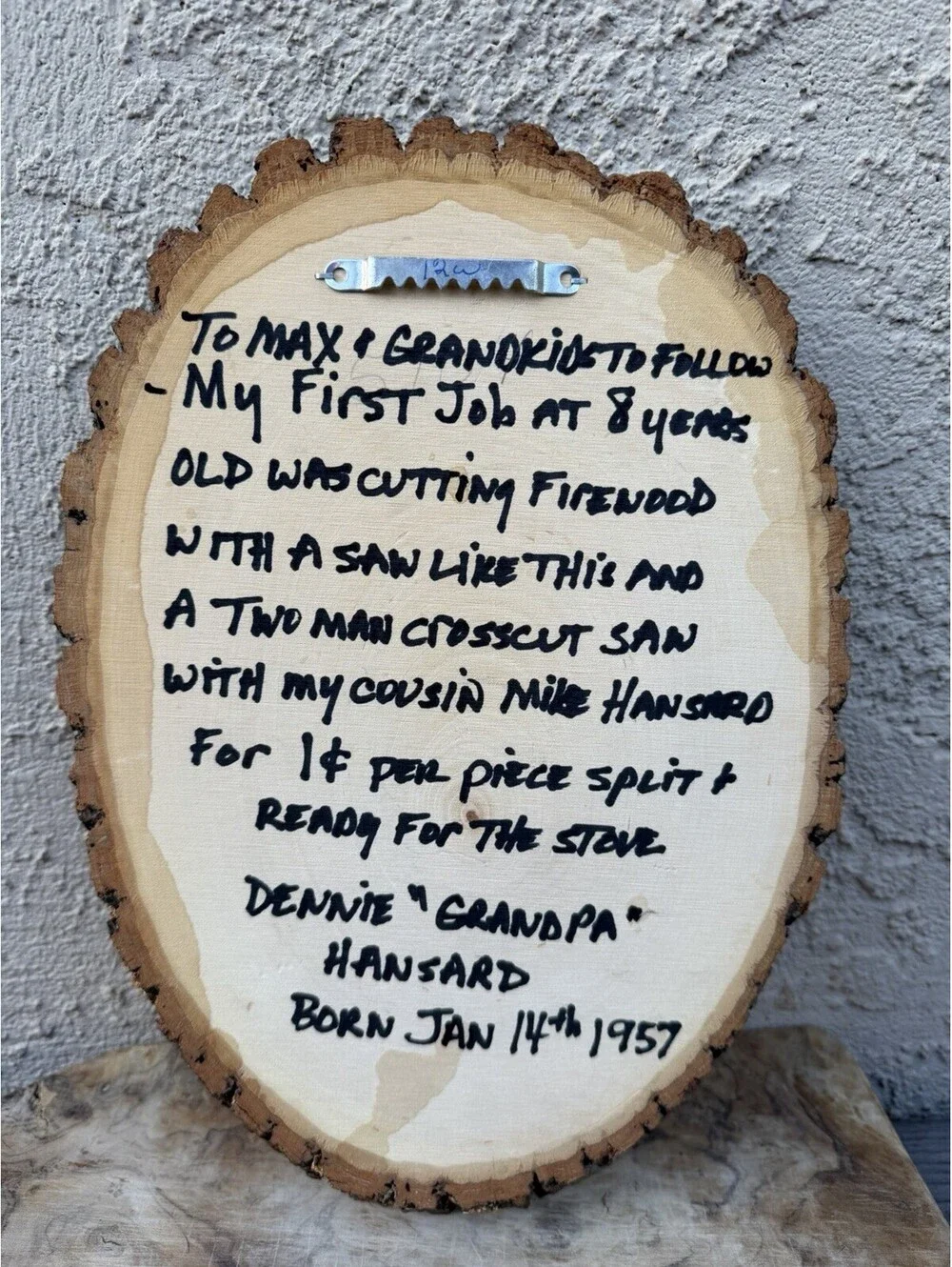 Vintage German 3D Metal Woodcutter Plaque Tree Slice Folk Art Personal Note